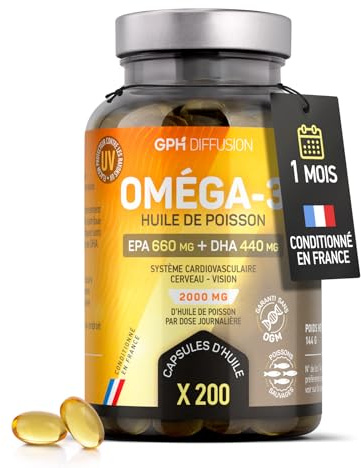 Oméga 3 - Huile de Poissons Sauvages - Cerveau - Vision - Coeur - EPA 660mg / DHA 440mg - 200 capsules - GPH Diffusion
