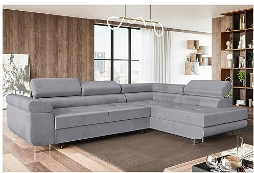 MEBLINI Schlafcouch mit Bettkasten - Ecksofa mit Schlaffunktion - Sofa mit Relaxfunktion und Kopfstützen - Couch L-Form - Eckcouch - Wohnlandschaft - MALIBA - 277x203x63cm Rechts - Grau Samt