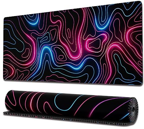Ovenbird Tappetino per mouse da gioco con bordi cuciti, carta topografica, tappetino per mouse XL esteso con base antiscivolo, tappetino per mouse al neon per scrivania, 80 x 30 cm, rosa/blu