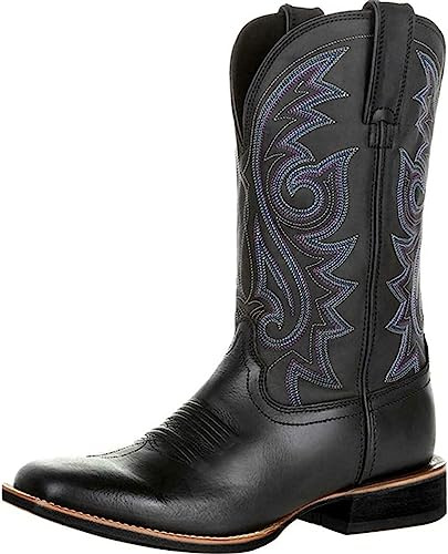 furlinkhm Western-Cowboystiefel für Herren, Westernstiefel mit quadratischem Zehenbereich, Retro-Lederstickerei, lässiger breiter Absatz, breite Wade, zum Überziehen