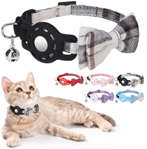 DILLYBUD Katzenhalsband mit AirTag-Halterung – Sicheres Breakaway-Design mit Glöckchen und Fliecke, leichtes verstellbares Karo-Muster-Halsband für kleine Hunde und Katzen