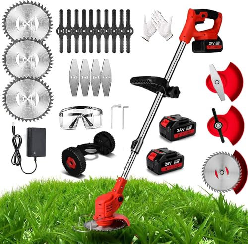 Metal Blade Cordless Strimmer Electric Garden Strimmers with Blades Grass Trimmers with 24V Li-ion Batteries and Fast Charger,3 Types Blades 90° Head Pivots Lightweight Brush Cutter