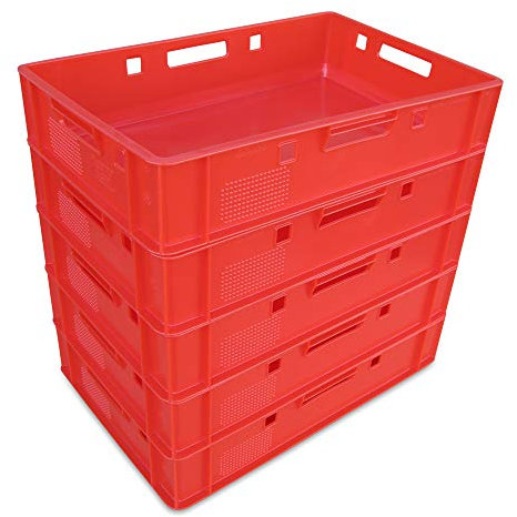 kanister-vertrieb® 5er Set E1-Kiste Eurobox Metzgerkiste Lagerbox 60x40x12,5 cm stabil für Lebensmittel geeignet (rot) + Etikett