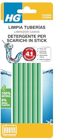 HG Limpia Tuberias en Sticks, Potente Desatascador de Tuberías Profesional, Cañerías y Desagües, Producto Ecológico con Ingredientes Naturales, Elimina Malos Olores - 6 Palillos