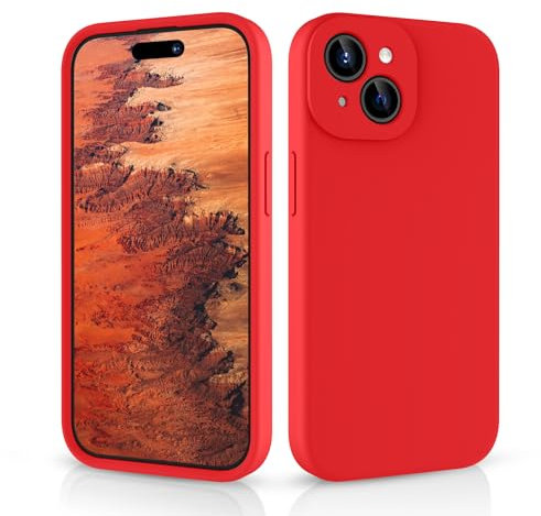 CALOOP Slim-Fit for iPhone 15 Case,Skin Soft Liquid Silicone,Sturdy Hard Frame Shockproof Cover with Anti-Scratch Microfiber Lining,Full Protection for Screen and Lens,6.1 inch (Red)
