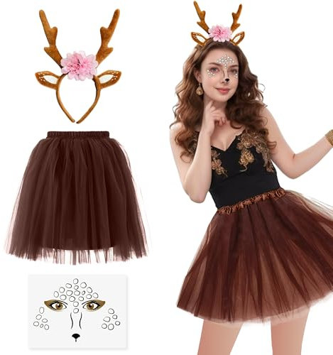 Sranin Karneval Kostüm Damen, Haarreif mit Reh Geweih Hörnern und Blume + Tüllrock + Reh Gesichtstattoo – Reh Kostüm Zubehör für Karneval, Fasching und Mottopartys