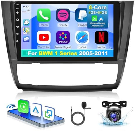 4+64G Autoradio pour BMW Série 1 E81 E82 E87 E88 2005-2011 - Carplay sans Fil & Android Auto - Écran Tactile de 9 Pouces DSP Radio avec WiFi/GPS/SWC + Caméra de recul et MIC