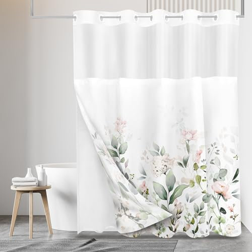 Tititex Ensemble de rideaux de douche sans crochets à clipser - Motif floral rose pâle - Double couche - Tissu imperméable et fenêtre supérieure transparente - Décoration de salle de bain - 183 x 183