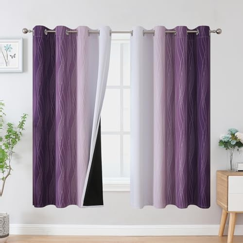 VEHEDE Farbverlauf Ombre Verdunklungsvorhänge Gardinen mit Ösen Wohnzimmer 160 cm Hoch, Vorhänge Blickdicht Thermogardine Kälteschutz warm Hitzeschutz, H 160 x B 132 cm, Violett und Weiß, 2er Set
