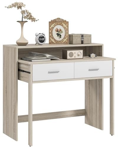 HOMCOM Mesa Consola Escritorio Extensible de 2 Niveles con Rieles Deslizantes 2 Cajones y 2 Ruedas Antivuelco Mesa de Entrada Doble 95x35x87 cm Roble