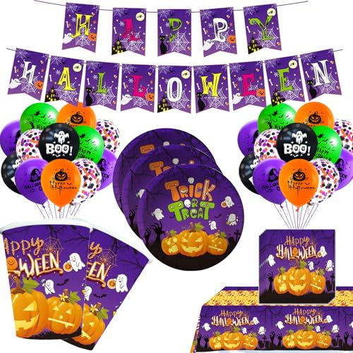Juego de vajilla de cumpleaños de Halloween, accesorios de fiesta de cumpleaños, decoración, 62 unidades de platos de papel con mantel, platos de papel, servilletas, globos, vajilla de fiesta para 10