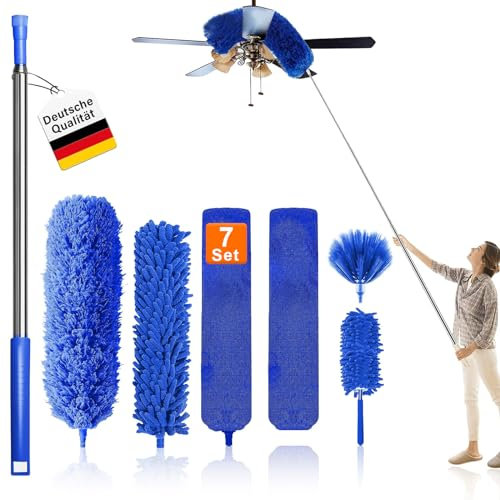 7 pezzi - Piumino telescopico, 25 – 256 cm, lunghezza massima, piumino lavabile in microfibra, spolverino telescopico per soffitti, ventilatore da soffitto, ragnatela, mobili, blu