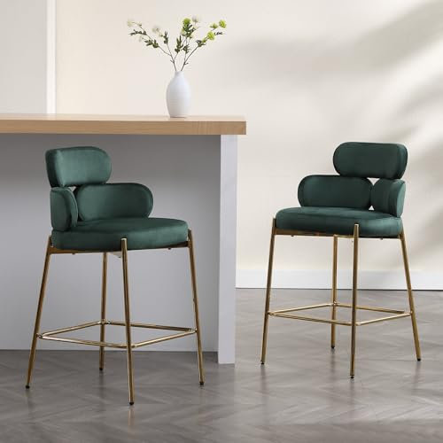Wahson Chaise de Bar en Velours Tabouret de Bar Moderne Pied Doré, Chaise Bar Lot de 2 Repose-Pied Tabouret Cuisine Assise 66cm Chaise Haute Cuisine pour Ilot Central, Vert