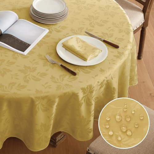 Romanstile runde Tischdecke Silvester Gold 160 cm abwaschbar Weihnachten rechteckig Luxuriös Jacquard-Damast wasserabweisend Festliche Tischtuch Table Cloth für Geburtstag,Feste,Party,Jahrestag