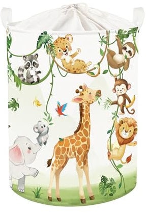 HUUMONSS Grande Cesta Porta Biancheria Bambino Giraffa Elefanti Pieghevole Cestini Portaoggetti Giocattoli Vestiti per Camera da Letto, Bianco, 63L
