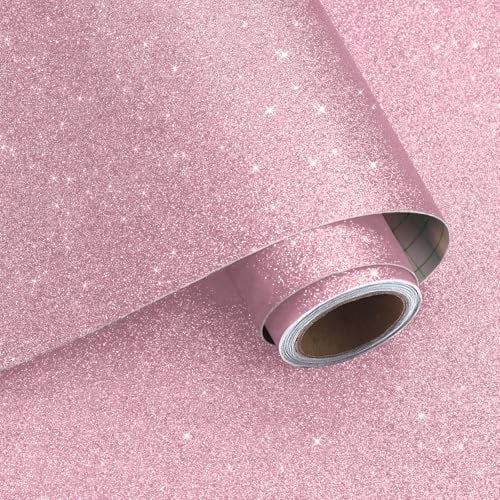 VaryPaper Papier peint autocollant rose pailleté 40 cm x 800 cm en tissu pailleté amovible en plastique pour filles pour chambre à coucher, salon, doublure épaisse en papier pour placard, meubles
