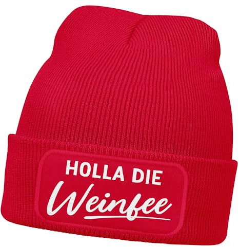 MoonWorks® Damen Beanie mit Patch Strickmütze mit Spruch Holla die Weinfee Aufdruck Lustig Damenmütze