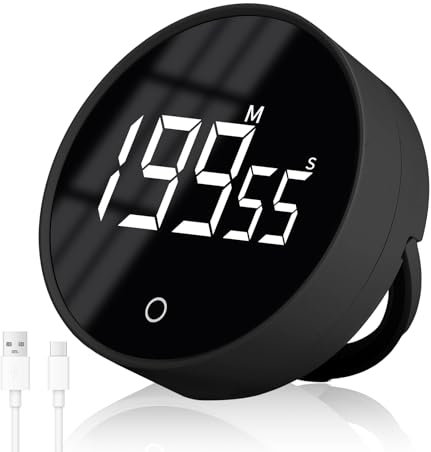 Cuteefun Küchenwecker Wiederaufladbarer, 199 Minuten Küchentimer mit Starkem Magnetfeld, große LED Anzeige, 3 Lautstärken einstellbar, Schreibtisch Produktivitäts Timer zum Lernen, Backen, Schwarz