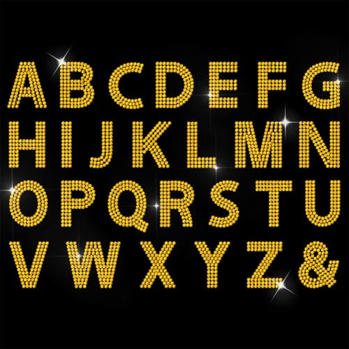 ANATTASOUL Gold Rhinestone Iron on Transfers Gold Letters Glitter Diamante Hotfix Patches for Clothes, 11.6x8.2 Large Iron On Sequin Applique for T-Shirts Bags Jeans Jacket Caps Shoes DIY Decor