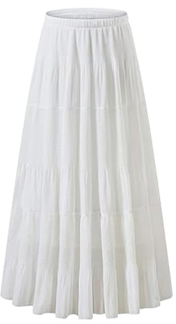Rock Damen Elegant Lang Sommerrock Boho Plisseerock Blumen Hohe Elastische Taille Gürtel Maxirock Mit Kordelzug Strandrock Casual Freizeitrock Hochzeit Cocktail Skirt (White #1, L)