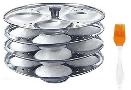 BRACOP® Idli Maker Stand 4 Deeper Plates for 16 Fluffy Idlis Round Idli Plates Handmade Idli Maker Indian Cooking Accessories Idli Steamer Stainless Steel Idli Plates Rust-Free, Easy to Clean