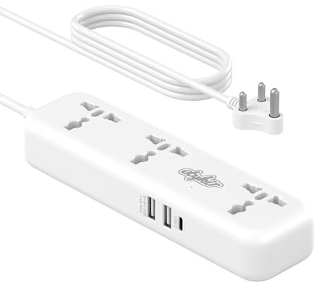UK to India Plug Adapter with 1.5M Extension Cable 3 Gang 3 USB (5V/3.4A) Universal Socket Type D Plug Travel Adapter for India, Sri Lanka, Bangladesh, Nepal, etc