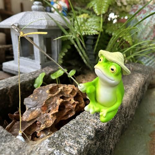 Yarteim Miniteich Deko Angeln Figur,Gartendeko für Draußen Wetterfest,Frosch Teich Deko Garten,Teichdeko für Draußen Angler Frosch Figuren,Frösche Gartenfiguren Harz Statue für Blumentopf Hof