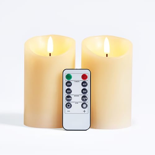 FiiMoo Flammenlose Kerzen LED-Kerzen mit Fernbedienung & 24h-Timer | 2er Set | Batteriebetrieben | Realistische Flammensimulation | Flackerlicht für Halloween, Hochzeit |12.5 cm - Warmweiß