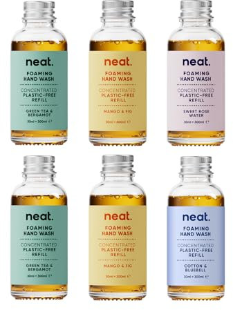 Handwash Refills 6 x 30ml Green Tea & Bergamot, Mango & Fig, Sweet Rose water, Cotton and Bluebell- Eco-Friendly Foaming Hand Wash Refill - Refillable Hand Soap
