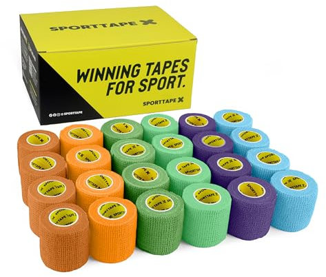 SPORTTAPE 24 Rolls Football Sock Tape, 5cm x 4.5m, Mixed - Self-Adhesive Cohesive Bandage, Compression Wrap & Sports Stretch Tape for Ankles, Joints, Socks, Vet and Pet Wrap for Dogs and Horses