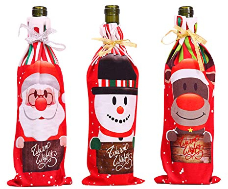 GLADFRESIT 3PCS Christmas Wine Bottle Gift Bag Covers Santa Reindeer Snowman Wine Bottle Covers Xmas Party Decorations,Red