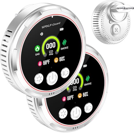 Detector 5IN1 Humo Monóxido de Carbono y Gas Natural | Batería de Repuesto, Sensor de Temperatura y Humedad, Para Hogar Hotel RV