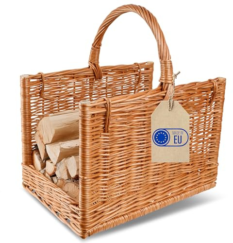 Creative Home Groß Kaminkorb Holzkorb Kaminholzkorb Rattan 45 x 30 x 47 cm | Aufbewahrung Rechteckig Weidenkorb für Kaminholz / Holz | Braun Dick Weide Feuerholzkorb Holztrage Tragekorb