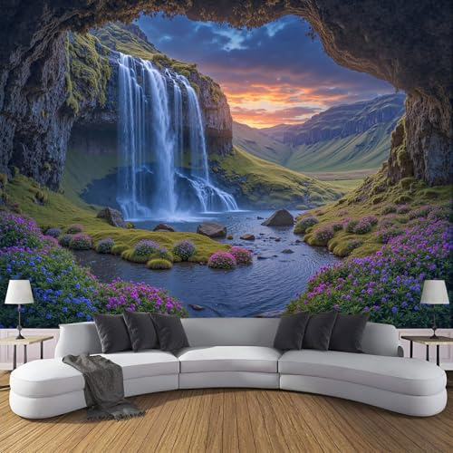 Fototapete Island-Wasserfall 250x175cm Schlafzimmer Wohnzimmer Seide XXL Wandtapete Sonnenuntergang In Der Höhle Fototapeten Bildtapete 3d Effekt Wand Dekoration, Grasgrün