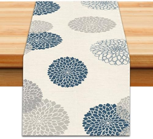 PRESSINART Chemin De Table Fleur Dahlia Bleu Gris Motif Géométrique Pinnata Beige Style Moderne Saisonnière pour Salon Cuisine Salle À Manger Décoration Maison Ferme Fêtes 13 x 72 Pouces
