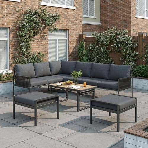 ModernLuxe 7–8 Seater Garden Furniture Set, L-Shaped Corner Sofa with Polyester Rope, Outdoor Patio Dining and Lounge Set with Height-Adjustable Coffee Table and Compact Stools, Weatherproof, Grey