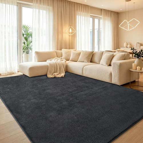 Teppich Wohnzimmer Groß 200x300cm Flauschiger Waschbarer Teppiche Anthrazit | Teppich Kurzflor Weich Rutschfest wohnzimmerteppich Carpet für Schlafzimmer Kinderzimmer Flur und Büro