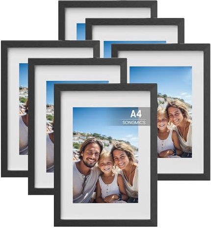 SONGMICS Bilderrahmen A4, 6er Set, 21 x 29,7 cm, Fotocollage, Kunstrahmen | MDF-Rahmen, spurlose Wandhaken, aufhängen, aufstellen, schwarz
