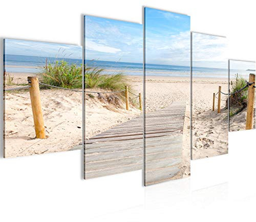 Runa Art Plage Mer Tableau Murale Impression sur Toile Intissee 5 Parties Panorama Beige Bleu Chambre Salle 607353b
