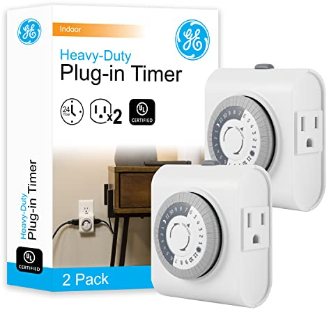 GE 24‑Hour Mechanical Outlet Timer Switch, Dual Grounded Plug‑in Control for Indoor Lighting, Lamps, Christmas Trees, Fans and Small Appliances (2 Pack), 46211