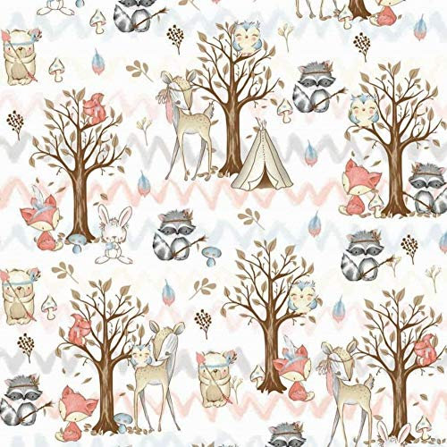 Pingianer 11,99€/m Tiere Wald 100% Baumwolle Baumwollstoff Kinder Meterware Handwerken Nähen Stoff (REH Fuchs Waschbär Baum, 200x160cm)
