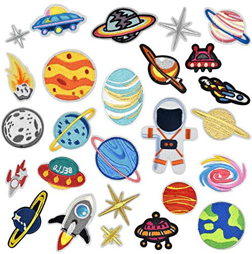 AvoDovA 26 Stück Patches zum Aufbügeln, Space Astronaut Bügelbilder Aufbügelflicken, Bunte Flicken zum Aufbügeln, Bügelflicken Kinder, Applikationen zum Nähen für DIY T-Shirt Jeans Jacken Taschen