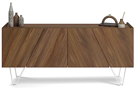 MOBILI FIVER, Aparador con 4 Puertas Emma, con Patas Blancas, Color Nogal, 168 cmx45 cmx76.6 cm, Aglomerado y Melamina/Hierro, Mueble Buffet salón, Made In Italy