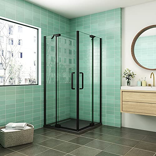 AICA cabine de douche 100x90x195cm porte de douche pivotante en 8mm verre anticalcaire profilé noir mat