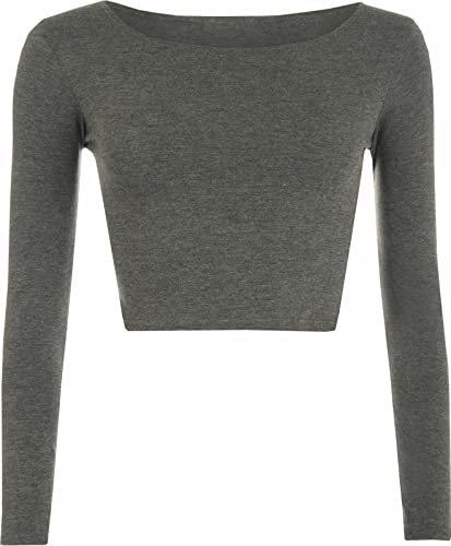 Womens Crop Long Sleeve T Shirt Ladies Short Plain Round Neck Top Ladies Fitness Workout Running T Shirts Plain Cropped Tops (Charcoal UK 12-14)