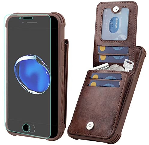 VANAVAGY Compatible for iPhone SE/8/7 Wallet Case,Leather Magnetic Clasp Flip Folio Shockproof Phone Cover[Screen Protector Included] Credit Card Holder Kickstand, brown
