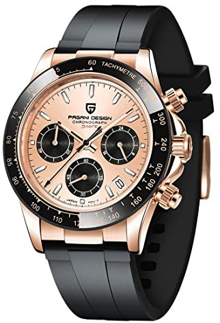 RollsTimi Pagani DesignHerren-Multifunktions-Sportuhr Quarz-Chronograph Uhrwerk Japan VK63 Edelstahlarmband Wasserdicht 100M (Rose KC-1664)