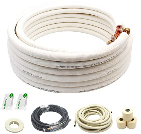 25 Ft Mini Split Line Set.Air Conditioner Copper Tubing Pipes Extension Set, 3/8 & 5/8 3/8 PE Thickened for AC and Heating Equipment Insulated Coil Line Set HVAC Refrigerant with Nuts. (3/8+5/8)