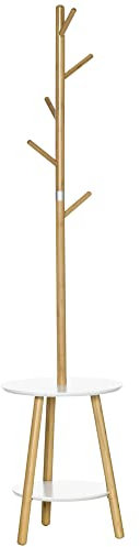 HOMCOM Appendiabiti da Terra per Ingresso in MDF e Alluminio con 5 Ganci in Bambù e Tavolino Rotondo da Caffè, 39.5x39.5x171 cm, color Legno e Bianco