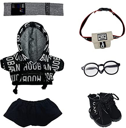 niannyyhouse 15 cm Plüsch-Puppenkleidung, lockerer Hip-Hop-Anzug, Kopfbedeckung, Hose, Rucksack, Brille, Schuhe, 15,2 cm, Puppenzubehör (schwarz, 15 cm)